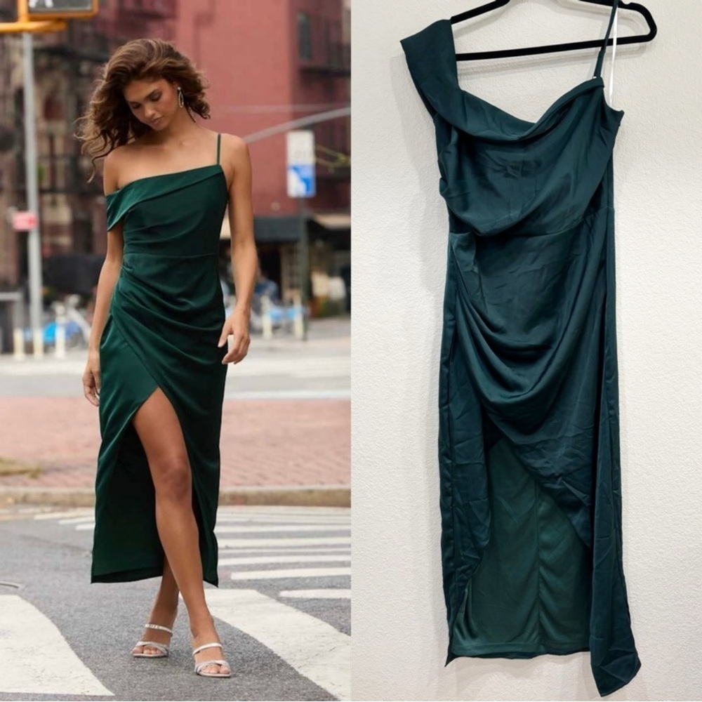NWT Lulus Showing Off a Little Dark Green Asymmetrical Tulip Midi Dress
